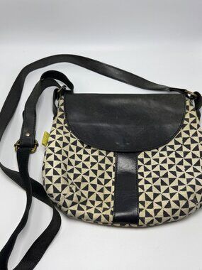 Joyn Black Leather & Canvas Crossbody Bag With Geometric Pattern And Adjustable